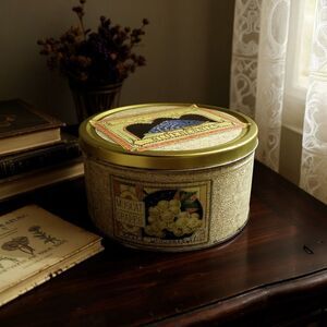 Tin & Lid Sz 7.5in x 3.5in Fruit Print & Deco Pattern For Decorative Storage